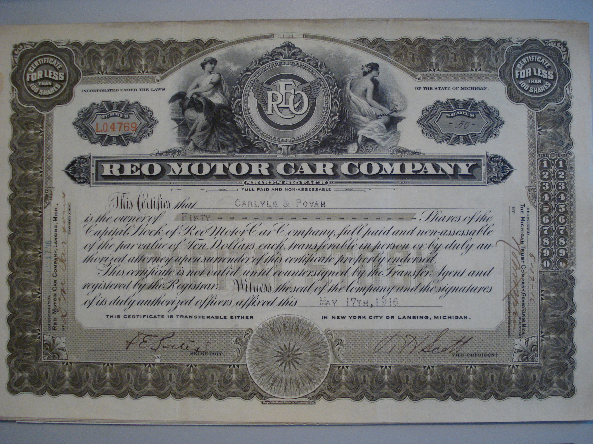 R E O REO Oldsmobile Stock Certificate GM Car Company