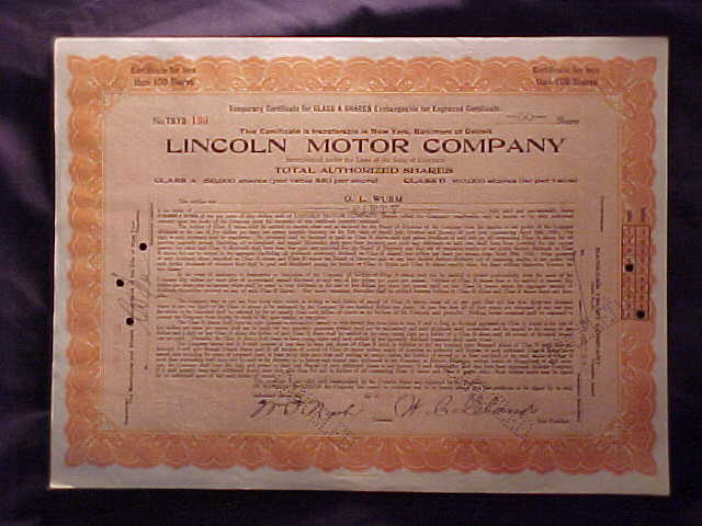 Lincoln Motor Company Stock Certificate 1921