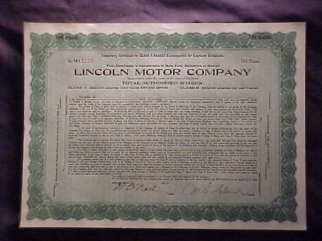 Lincoln Motor Company Stock Certificate 1921