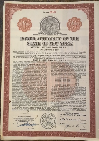 New York Power Authority Bond Certificate