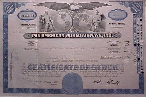 Pan American Airlines stock certificate original aviation collectible Pan Am 